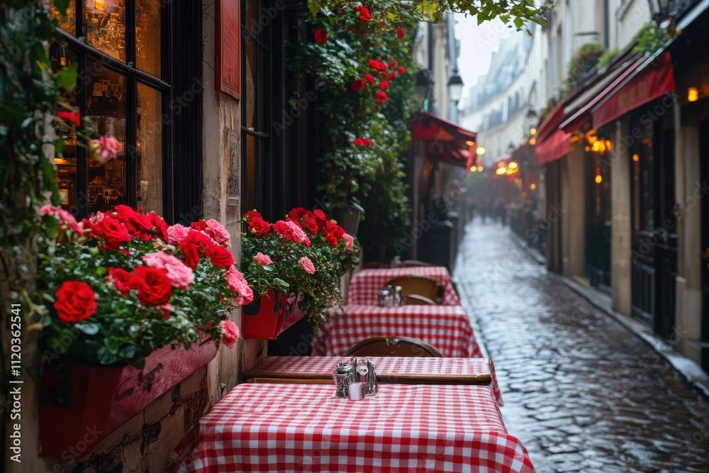 Naklejka premium Charming outdoor dining experience paris street flower-adorned tables rainy day cozy atmosphere european charm