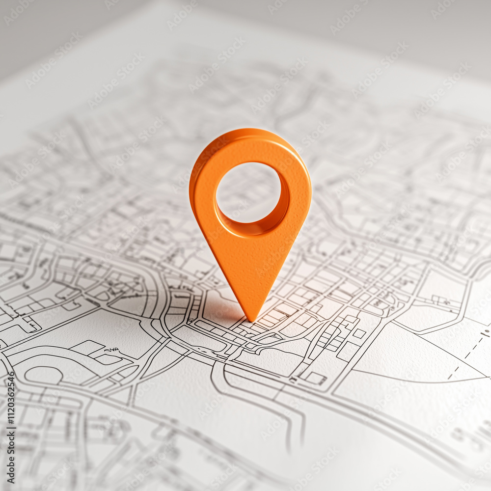 A clean and minimalist image of an orange location pin placed on a city map. The modern and stylish design is perfect for navigation apps
A clean and minimalist image of an orange location pin placed on a city map. The modern and stylish design is perfect for navigation apps