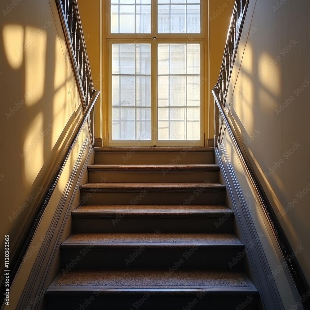 Classic Neutral-Toned Staircase with Yellowish Lighting and Open Door, Inviting Exploration Classic Neutral-Toned Staircase with Yellowish Lighting and Open Door, Inviting Exploration