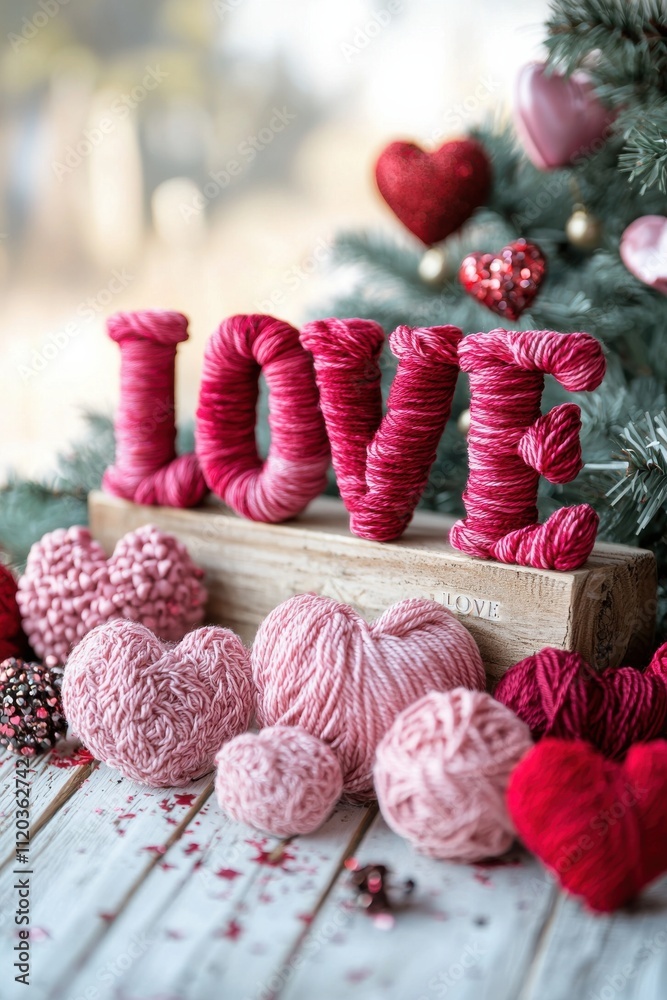 Pink and red yarn-wrapped letters spelling love with heart decorations Pink and red yarn-wrapped letters spelling love with heart decorations