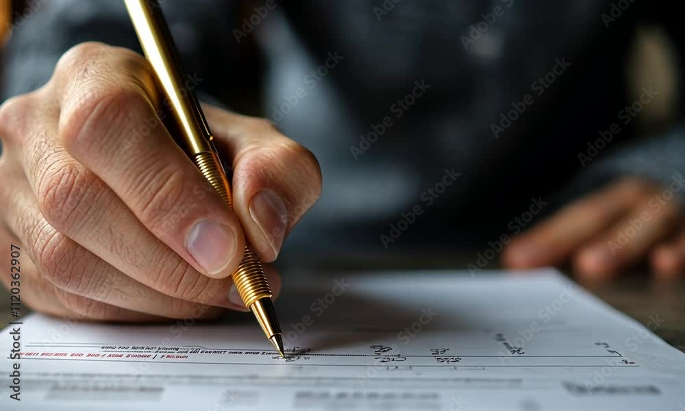 Close-up of a hand writing on a document with a gold pen.
