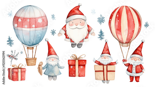 Watercolor for Merry Christmas with Fir branches, christmas balls, air balloon, gift box, and santa claus. Vector illustration for greeting card and invitation. Winter holidays poster.