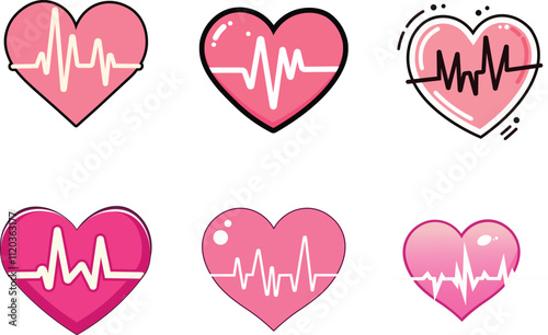 pink heart heartbeat and heart rate set with love sign, Heart beat vector set illustration. Check pulse.