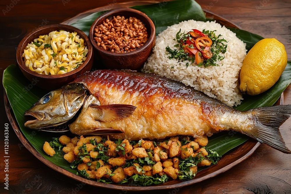 Whole fried tambaqui fish served with farofa, vinagrete sauce, rice, and fresh lemon in the Amazon region of Brazil Whole fried tambaqui fish served with farofa, vinagrete sauce, rice, and fresh lemon in the Amazon region of Brazil