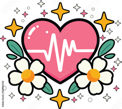 pink heart with flowers heartbeat and heart rate vector , The concept of world health day.