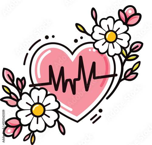 Vector electrocardiogram and heart pattern, Heart beat vector set on a neutral flower background. Check pulse, heartbeat and heart rate.