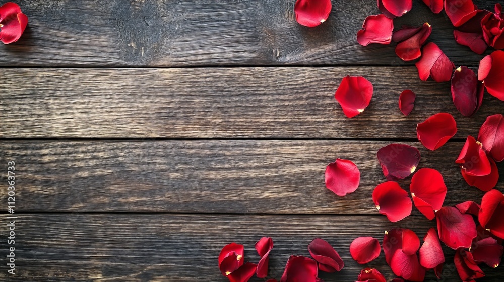 red rose petals on wooden background with copy space, valentine's day and romantic occasions red rose petals on wooden background with copy space, valentine's day and romantic occasions