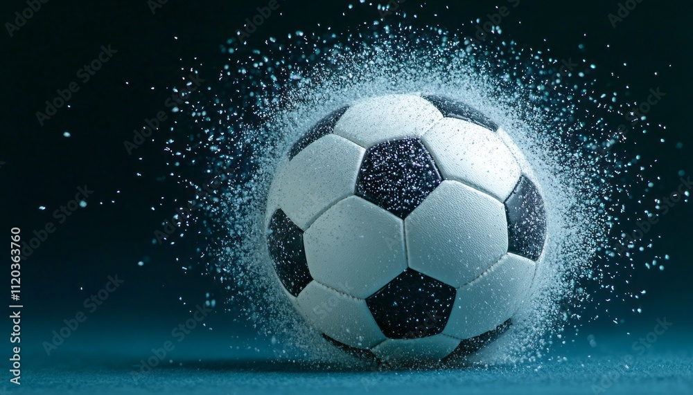 Naklejka premium A soccer ball strikes the ground, creating a dramatic explosion of water around it