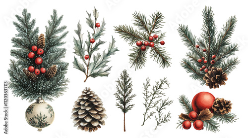 Watercolor Christmas symbols set. Hand painted winter plants, fir, red Christmas ball, holly, mistletoe. Holiday floral and objects vector illustration for design, print, background, greeting card.