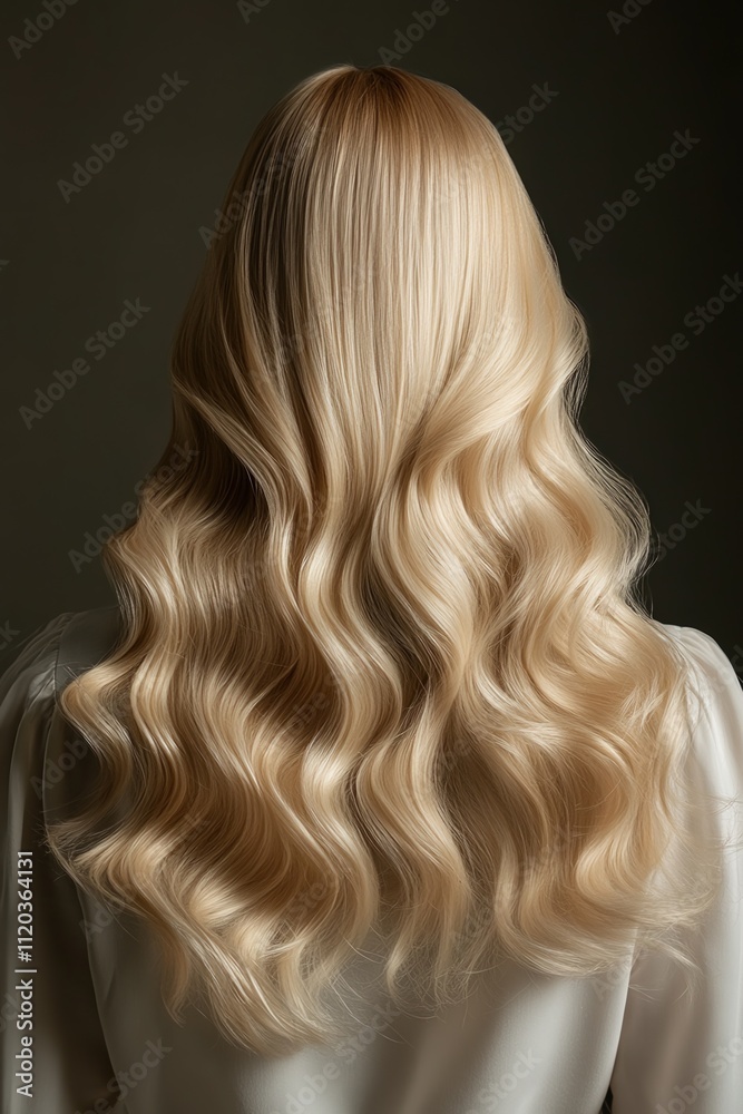 Naklejka premium Beautifully styled blonde girl showcasing lush curls in a dark olive setting, dressed in a white blouse with elegant detailing