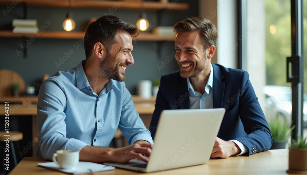 Two Businessmen Collaborating in a Cafe Two Businessmen Collaborating in a Cafe