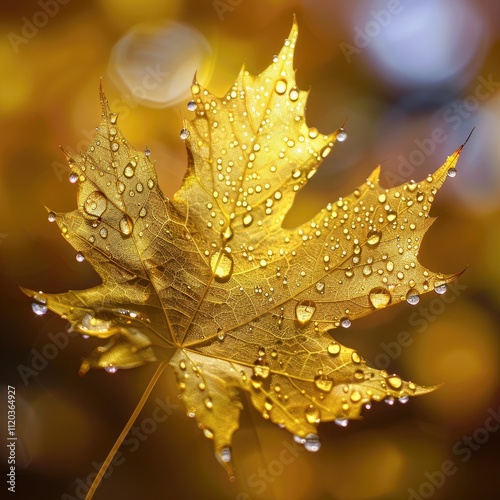 A single golden leaf with dewdrops glistens in the autumn sun.