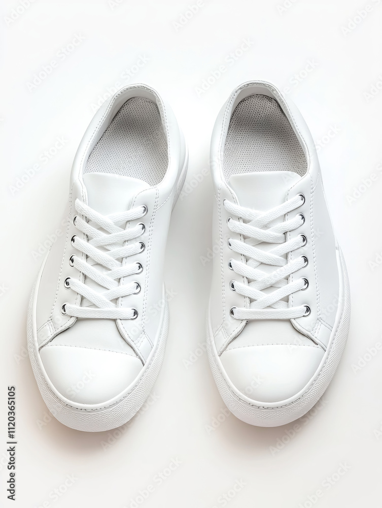 Sleek white sneakers displayed against a pristine white background, highlighting contemporary design and minimalist aesthetics perfect for casual wear or sporty activities Sleek white sneakers displayed against a pristine white background, highlighting contemporary design and minimalist aesthetics perfect for casual wear or sporty activities