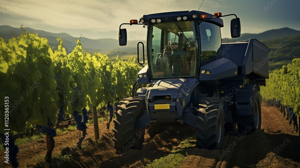 A photo of a grape harvester in a vineyard. A photo of a grape harvester in a vineyard.