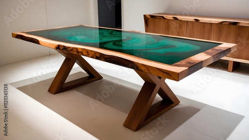 A wooden table with green epoxy resin and raw wood cabinet