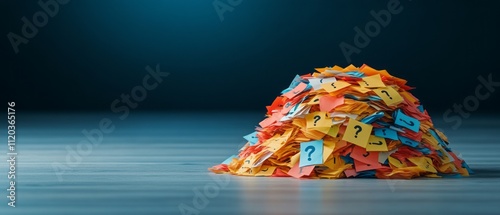A vibrant pile of sticky notes features question marks in a well-lit indoor setting