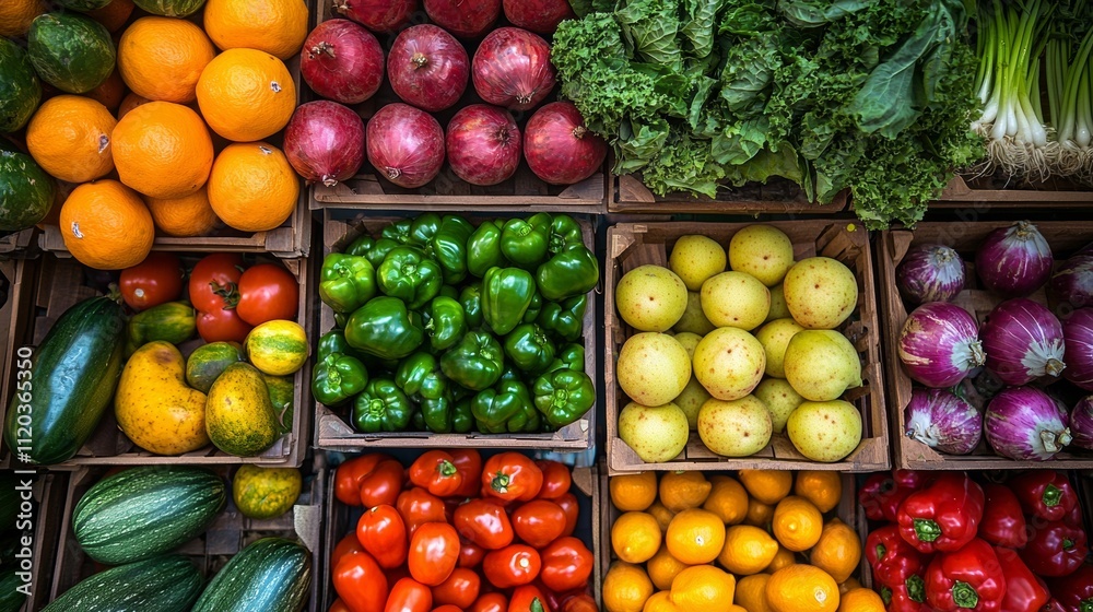 Colorful fresh produce neatly arranged in wooden crates Colorful fresh produce neatly arranged in wooden crates