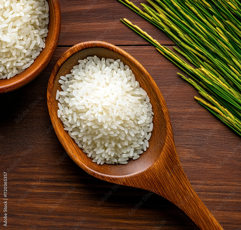 White rice fills a wooden spoon resting beside unrefined rice in an elegant setting with lush green grasses and warm wooden tones White rice fills a wooden spoon resting beside unrefined rice in an elegant setting with lush green grasses and warm wooden tones