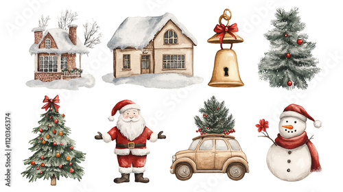 Xmas set Christmas tree, Santa with gifts Festive wreath, candy canes, gingerbread. New year decorations and Winter holiday decor. Watercolor flat isolated vector illustration on white background