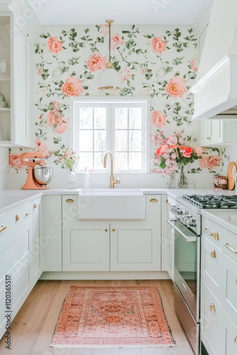Bright and airy kitchen with cottagecore charm featuring floral wallpaper and elegant decor
