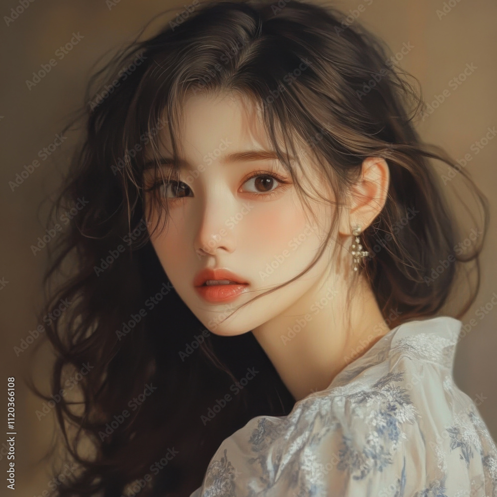 Captivating Portrait of a Young Woman with Flowing Hair, Evoking Elegance and Charm against a Soft, Neutral Background Captivating Portrait of a Young Woman with Flowing Hair, Evoking Elegance and Charm against a Soft, Neutral Background