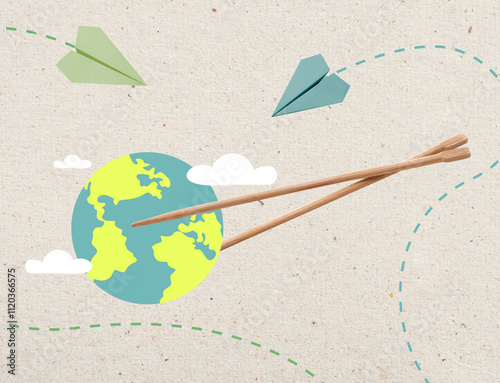 Chinese chopsticks holding the earth, paper planes and clouds, collage, flatlay artwork photo