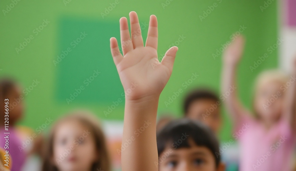 A child's raised hand in a classroom setting, indicating participation. A child's raised hand in a classroom setting, indicating participation.