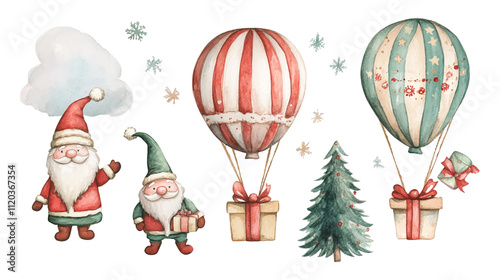 Watercolor for Merry Christmas with Fir branches, christmas balls, air balloon, gift box, and santa claus. Vector illustration for greeting card and invitation. Winter holidays poster.