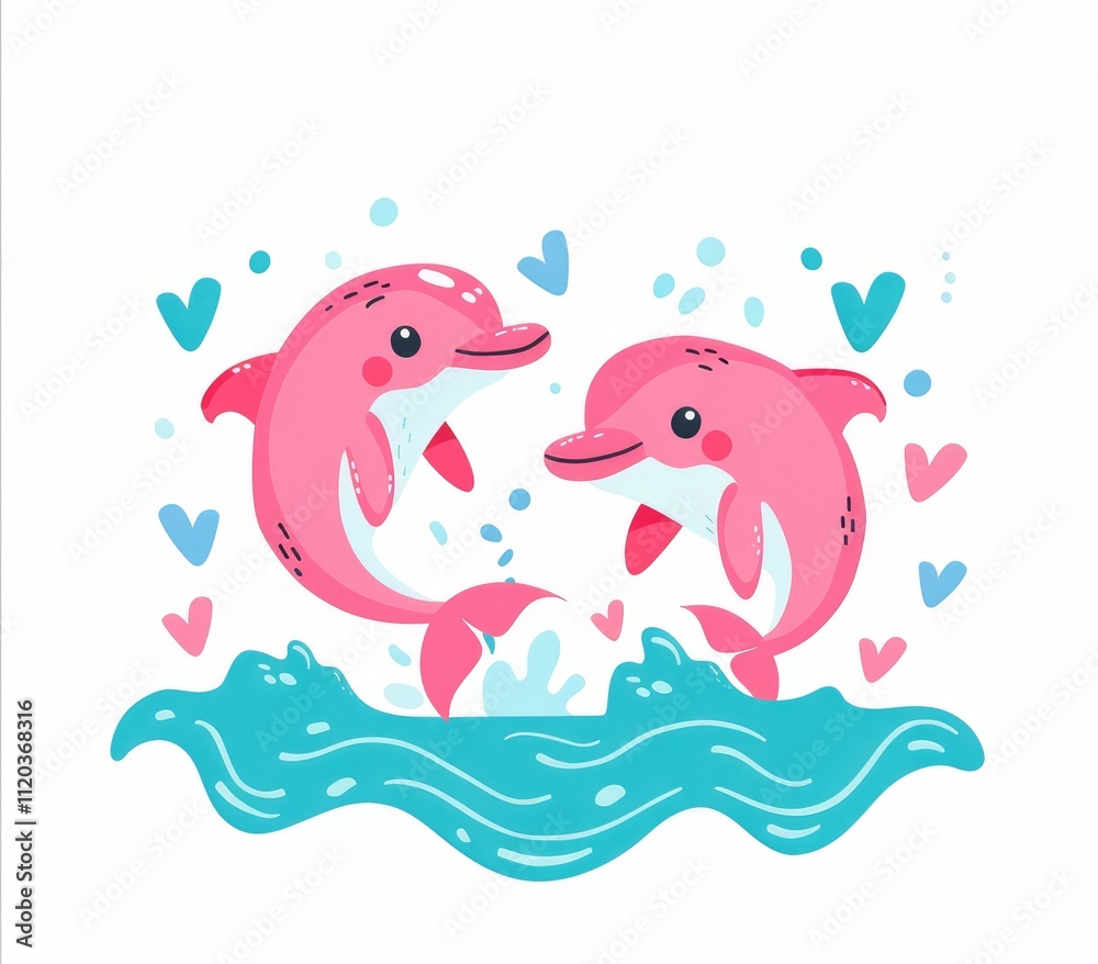 Two playful pink dolphins swim joyfully in a vibrant blue ocean, surrounded by hearts and splashes of water. Two playful pink dolphins swim joyfully in a vibrant blue ocean, surrounded by hearts and splashes of water.