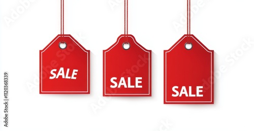 Bright Red Price Tags Hanging in a Row, Announcing an Exciting Sale Event With Bold White Lettering, Capturing Shoppers' Attention During the Busy Discount Season photo