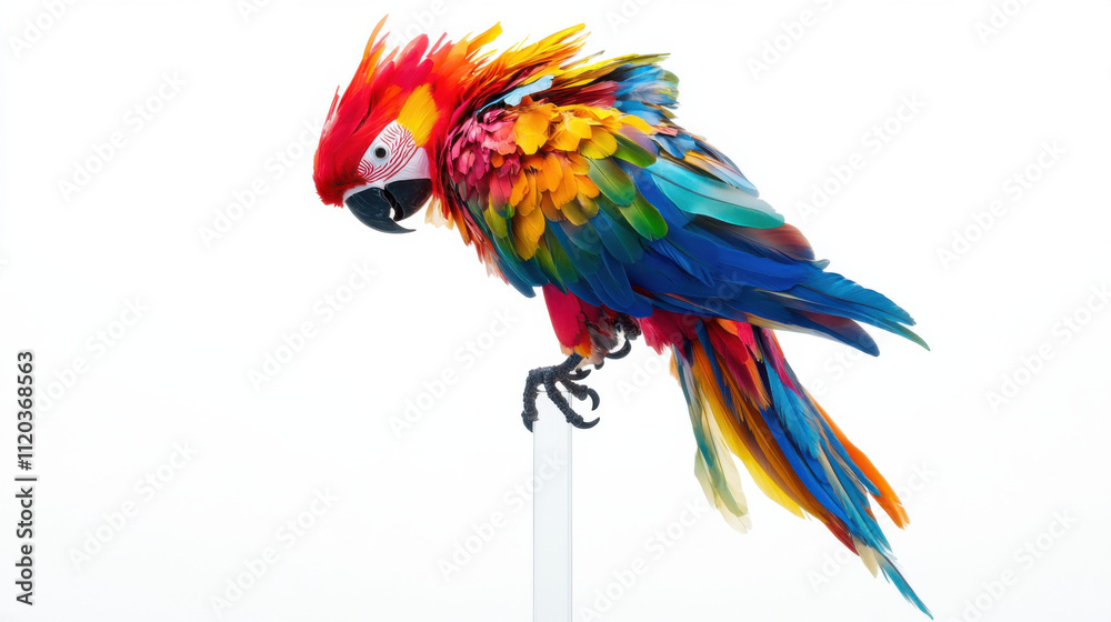 Obraz premium Vibrant Scarlet Macaw with Colorful Plumage on a White Background, Perfect for Nature and Wildlife Themes, Showcasing the Beauty of Exotic Birds in Photography