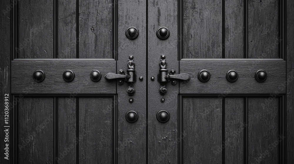 Fototapeta premium A close-up view of a rustic black wooden door featuring metal accents and intricate detailing, exuding a sense of mystery and sturdiness.