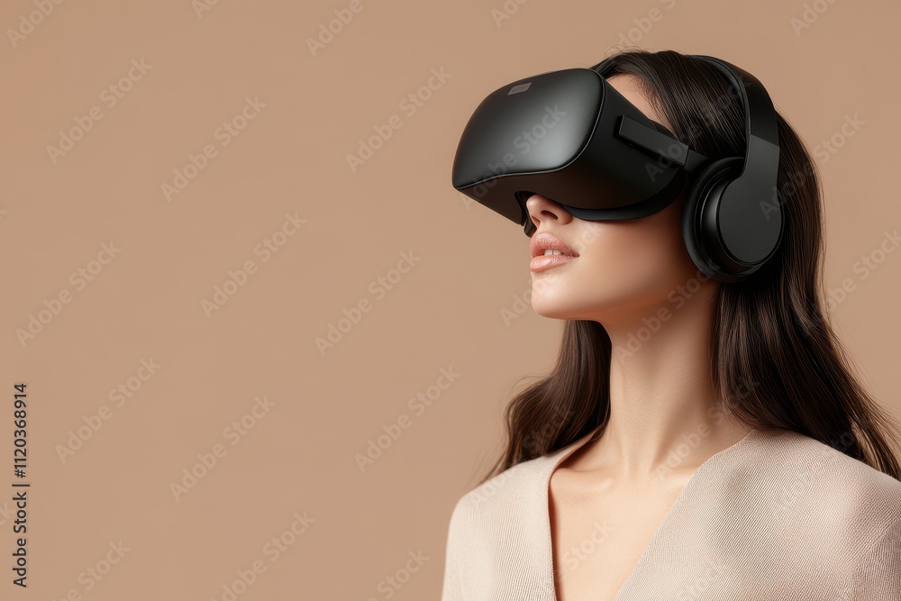 Young woman experiences virtual reality with headset and headphones indoors Young woman experiences virtual reality with headset and headphones indoors