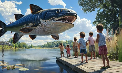 Wallpaper Mural Group of children gazing at a giant fish leaping above a serene lake under a bright blue sky with fluffy white clouds and lush greenery in the background Torontodigital.ca