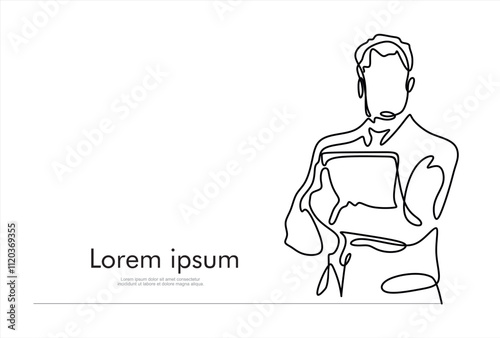 Businessman standing with a folder in his hands. Business concept. Continuous line drawing.