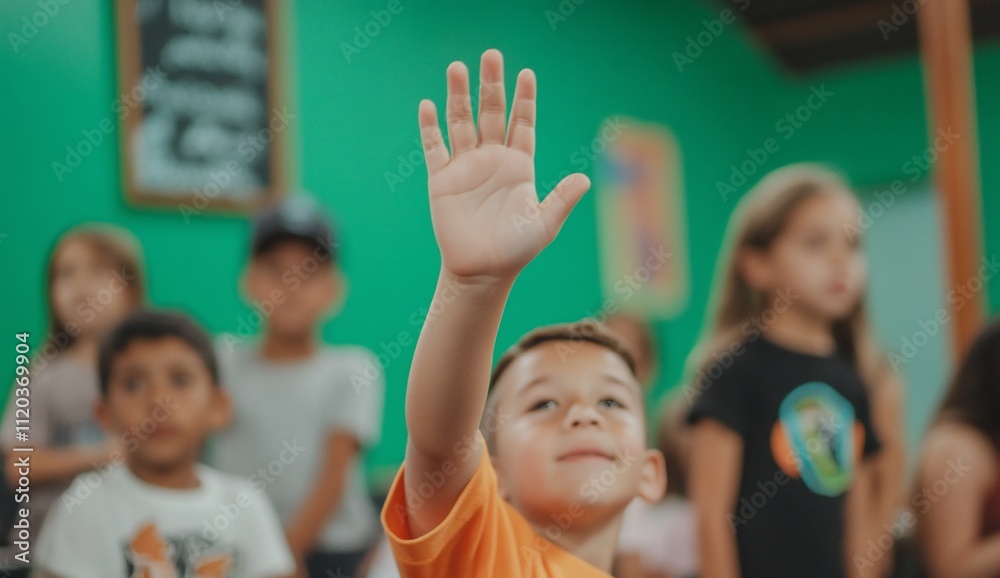 A child raises their hand in a classroom setting, eager to participate. A child raises their hand in a classroom setting, eager to participate.
