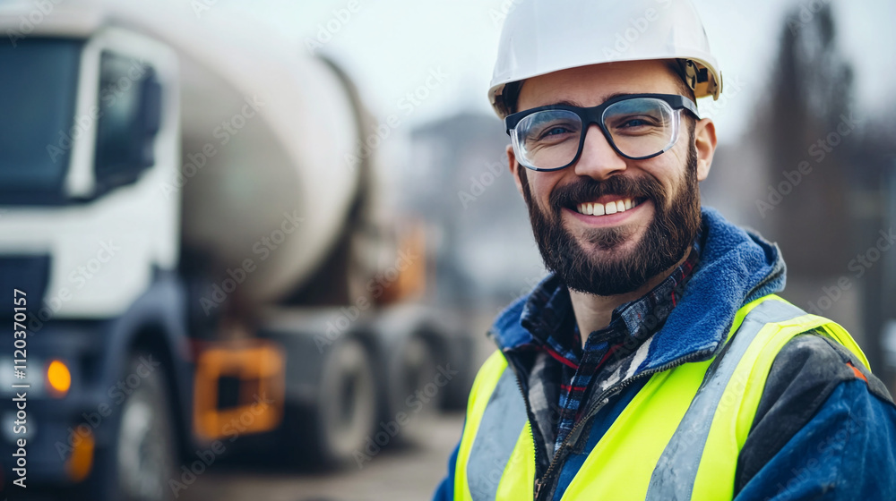 Happy Construction Worker Safety Gear Hard Hat Cement Truck Job Site Happy Construction Worker Safety Gear Hard Hat Cement Truck Job Site