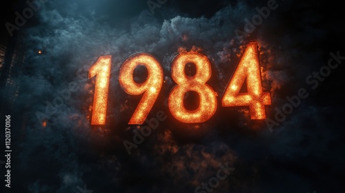 Vivid 1984 numerals in dark smoky intense lighting