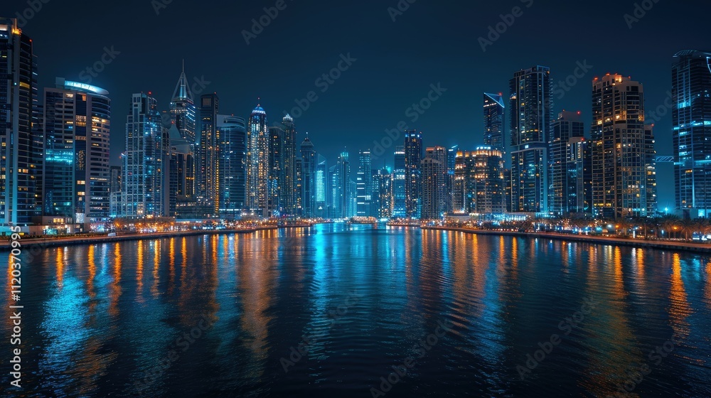 Night cityscape, modern skyscrapers reflected in calm water. Night cityscape, modern skyscrapers reflected in calm water.