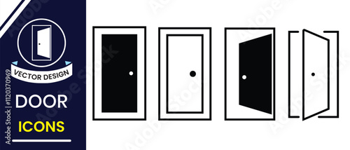 Door icon, vector set. Open, close door icon, vector silhouette set. Collection of Doors symbol, closed door, pull and push icon symbol. Vector illustration.