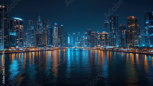 Night cityscape, modern skyscrapers reflected in calm water.