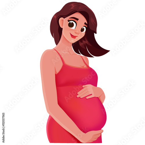 Pregnant adorable girl in red dress. Cartoon character. 2d style. Close-up. Illustration is in demand for advertising and printing, web design, dedicated to health and medicine, stores, business.