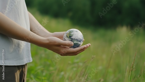 A person holds a small globe in a green field, symbolizing care for Earth. photo