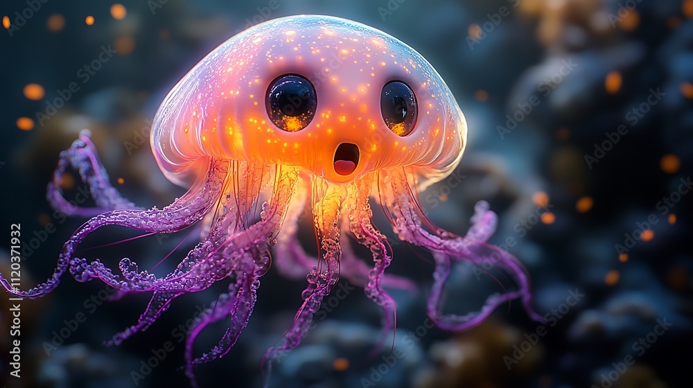 Stunning jellyfish illuminates with vibrant colors and striking large round eyes picture Stunning jellyfish illuminates with vibrant colors and striking large round eyes picture