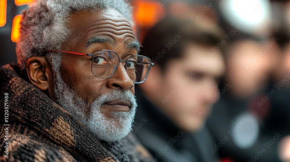 Elderly man with glasses gazes thoughtfully at a lively event in a bustling urban setting Elderly man with glasses gazes thoughtfully at a lively event in a bustling urban setting