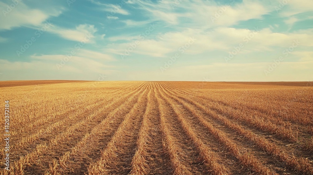 Harvesting fields in rural landscapegolden crops under blue sky expansive viewpoint nature's bounty and serenity Harvesting fields in rural landscapegolden crops under blue sky expansive viewpoint nature's bounty and serenity