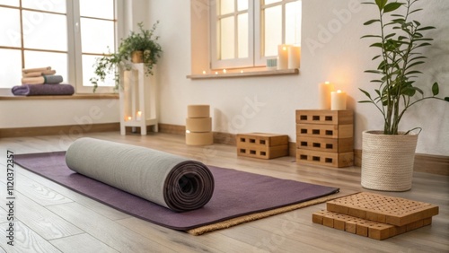 An unobtrusive yoga corner is established in one section complete with a rolled mat and neatly arranged blocks inviting relaxation and flexibility training. photo