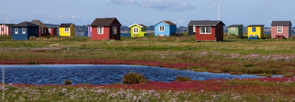 salt marsh with colorful beach huts at Vesterstrand, Ærøskøbing, Ærø, Denmark
