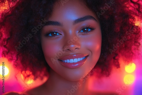 A joyful young woman smiling brightly against a background of glowing night lights. A festive and vibrant representation of parties and celebrations photo