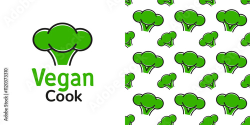 Chef hat green cabbage broccoli. Sign or logo template. Seamless background for printing on paper, packaging, souvenirs 